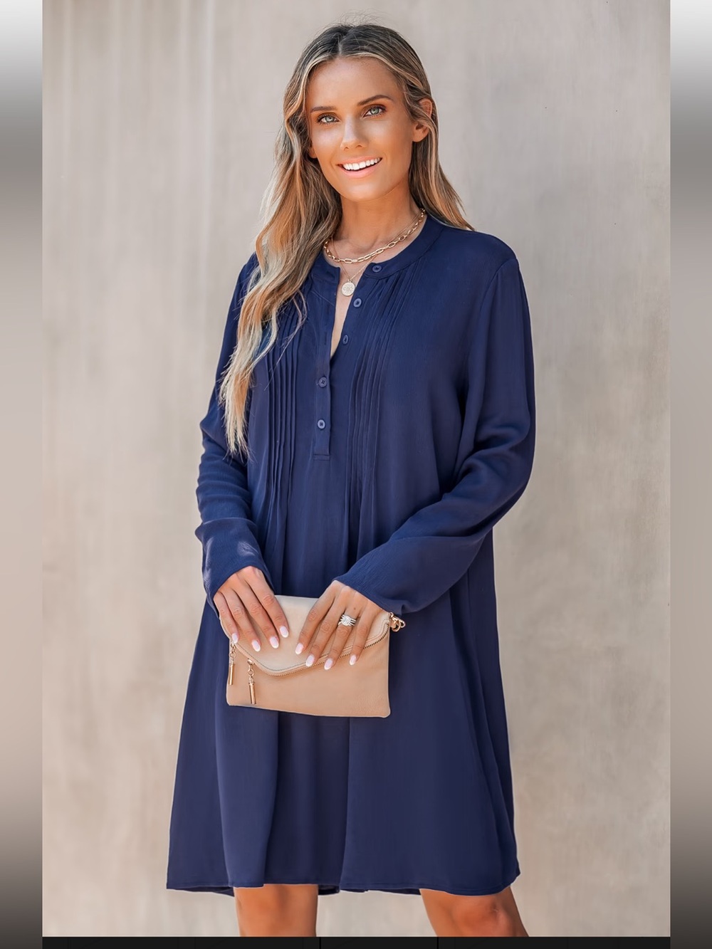 CUPSHE Navy Long Sleeve Button Front Tunic Dress - S